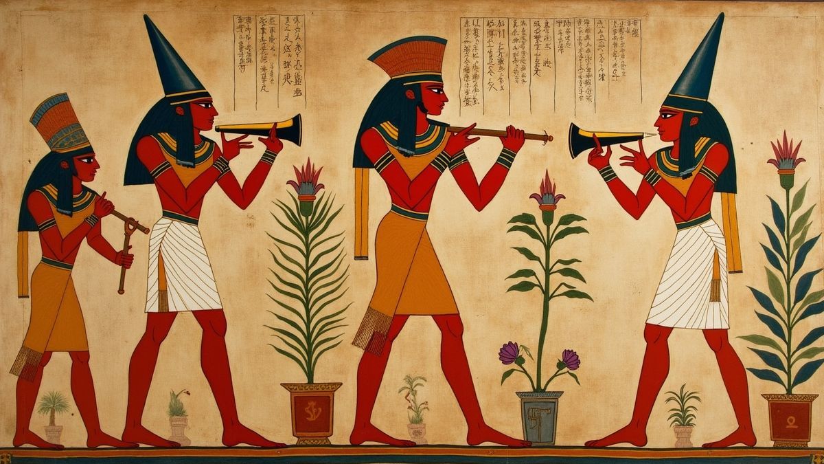 Oude Egyptische muurschildering met doedelzakachtige instrumenten