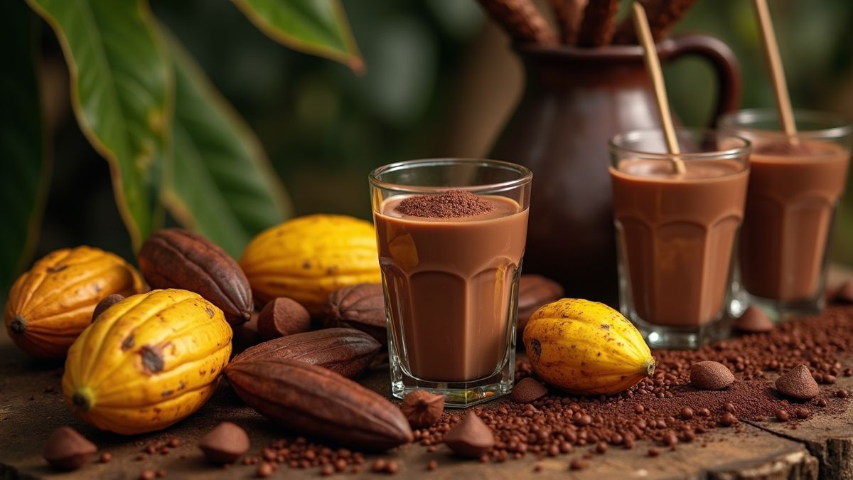 Oude Maya-cacao ceremonie met cacaobonen en chocoladedranken.