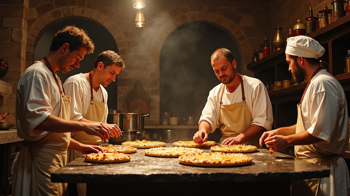 Oude Romeinse keuken met koks die taarten bereiden.