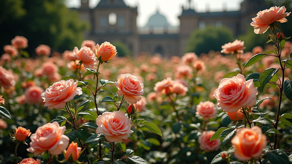 Oude tuinen met bloeiende rozen.