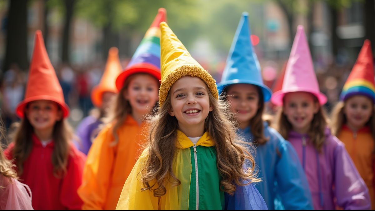 Regenboogpieten in een optocht.