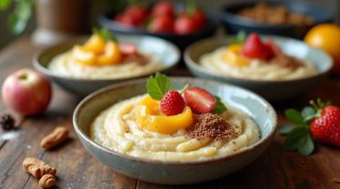 Rijstpap met fruit in een gezellige keuken