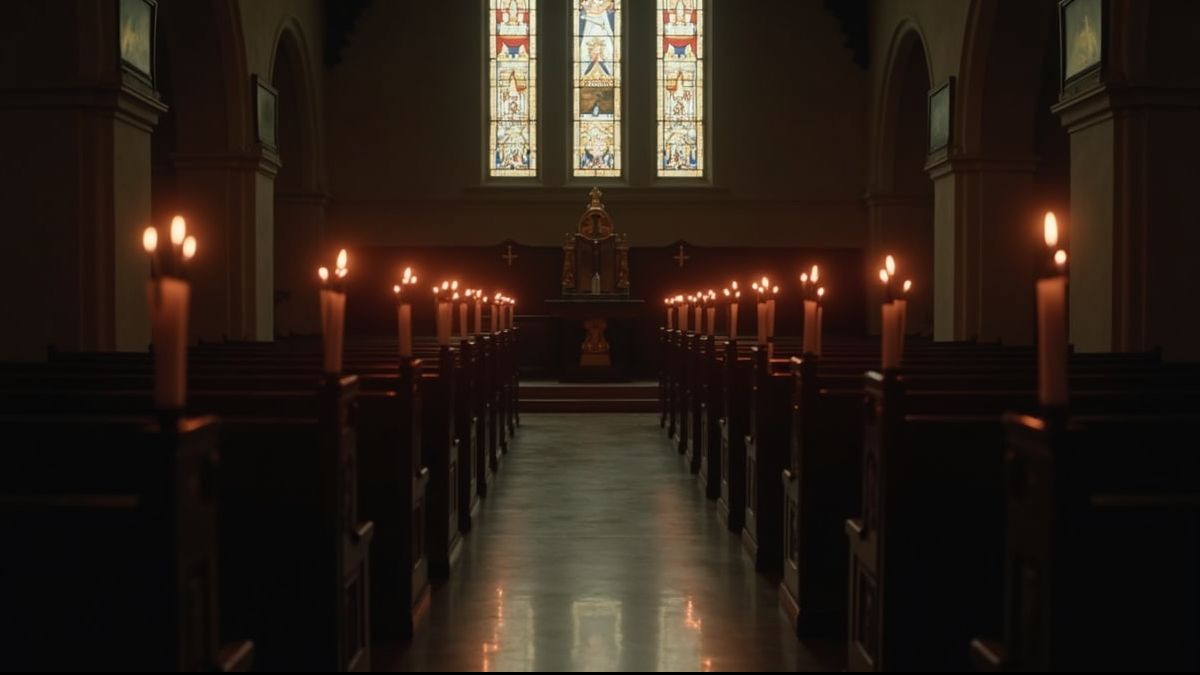 Rustig kerkinterieur met kaarslicht