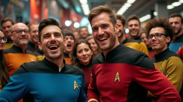 Star Trek fans celebrating Star Trek Dag, verkleed in Starfleet uniformen