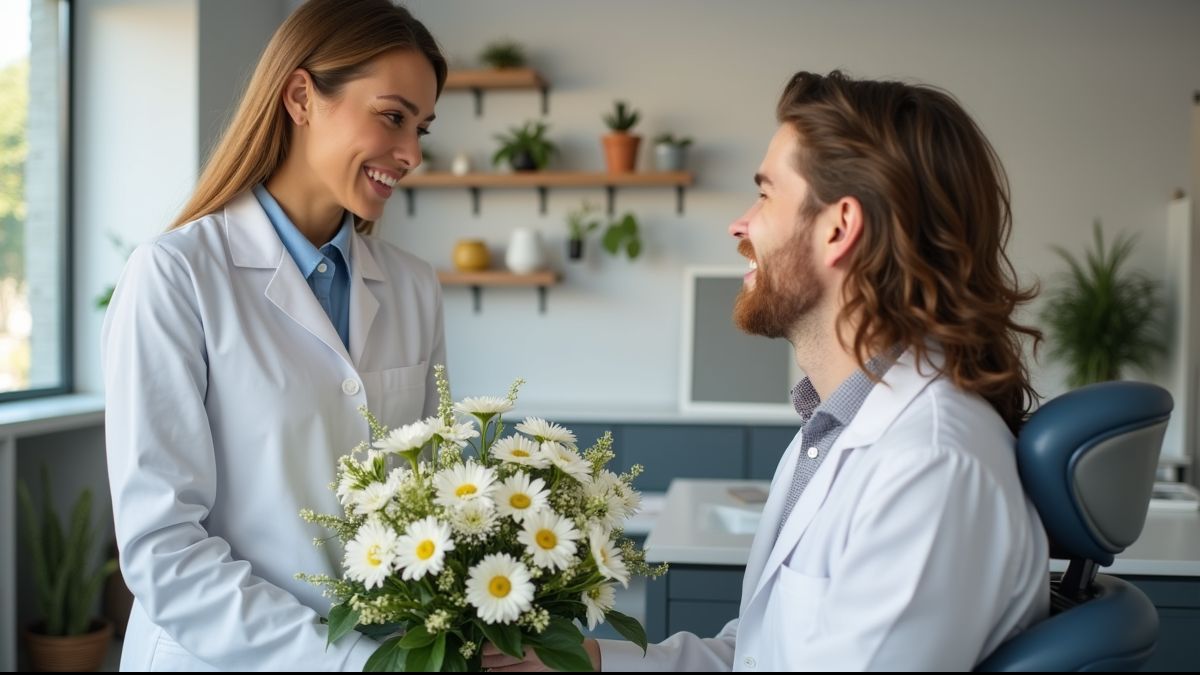 Tandarts ontvangt bloemen van patiënt