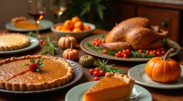 Afbeelding van een traditioneel Amerikaans Thanksgiving-tafereel, vastgelegd met de hoogwaardige details en diepte die kenmerkend zijn voor een foto gemaakt met een professionele DSLR-camera zoals de Nikon D810.