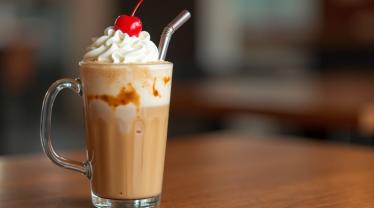 Verfrissende ijskoffie frappe met slagroom en kers