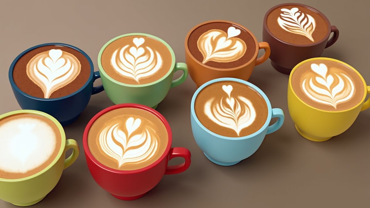 Verschillende soorten lattes in kleurrijke kopjes.