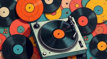 Vier verschillende vinylplaten op een houten oppervlakte met een draaitafel