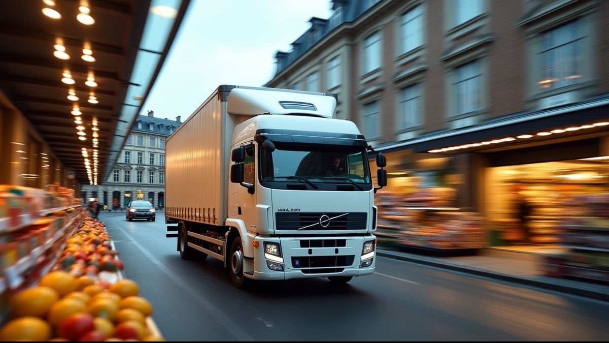 Vrachtwagen levert goederen aan een Belgische supermarkt