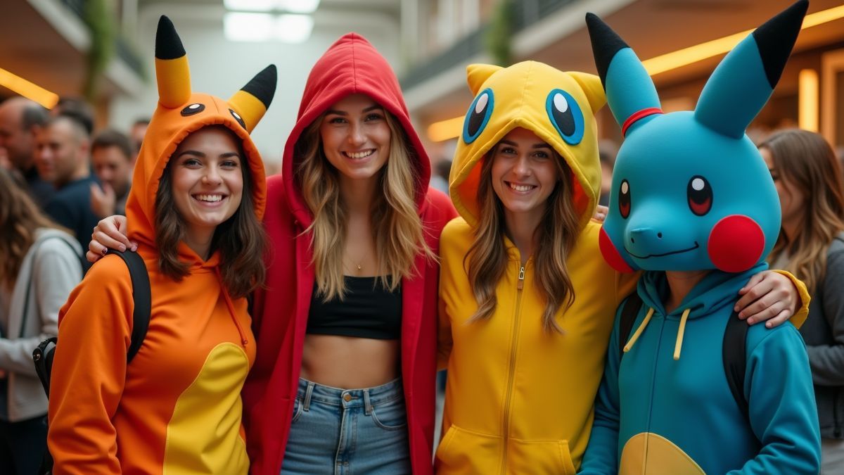 Vrienden verkleed als Pokémon-personages op een feest.