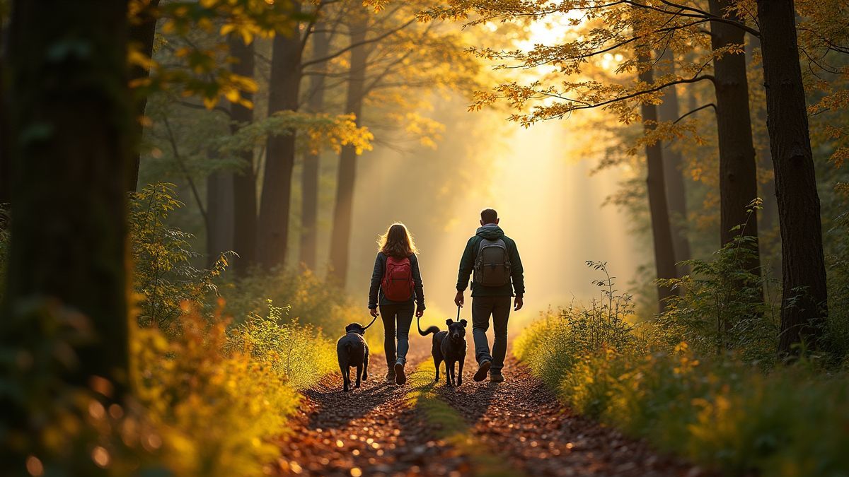 Wandelaars met honden in het Ardense bos