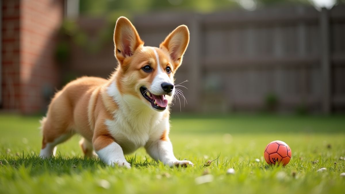 Welsh Corgi speelt apport met kind