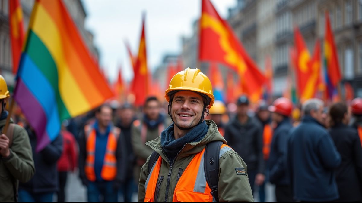 Werkers marcheren vreedzaam met kleurrijke banners.